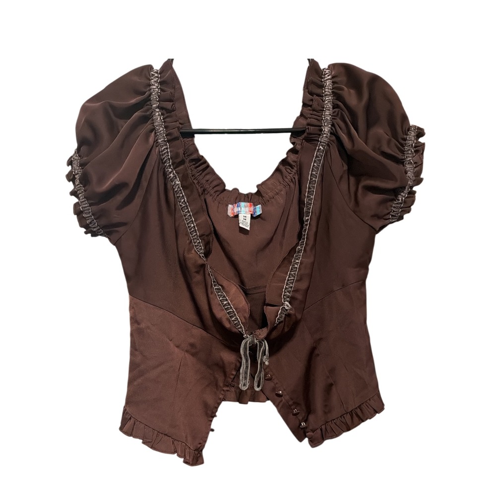 Urban Outfitters Brown Satin Milkmaid Corset Top Ruffle Puff Sleeve Sweetheart M - Picture 5 of 6
